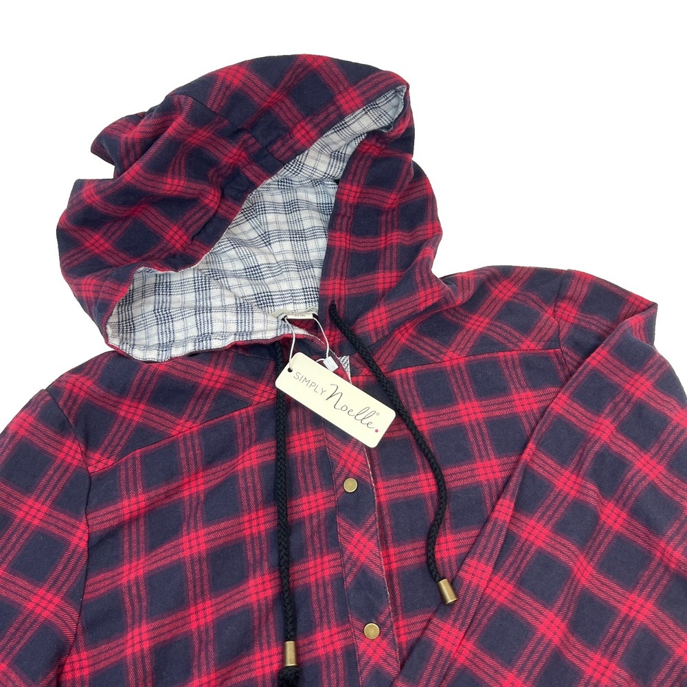 Simply Noelle Burgundy/Navy Plaid‎ Flannel Hooded Tunic Top L-XL 12-14 NEW